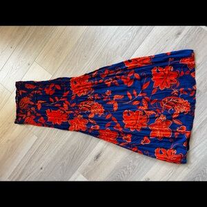 Strapless orange and navy floral dress